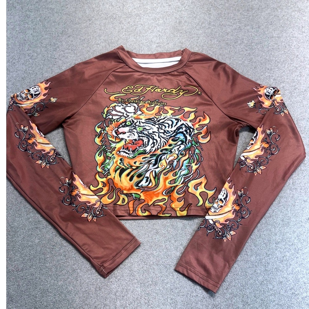 Y2K Ed Hardy Inspired Tiger Flame Crop Top Brown Long Sleeve Women's S Retro